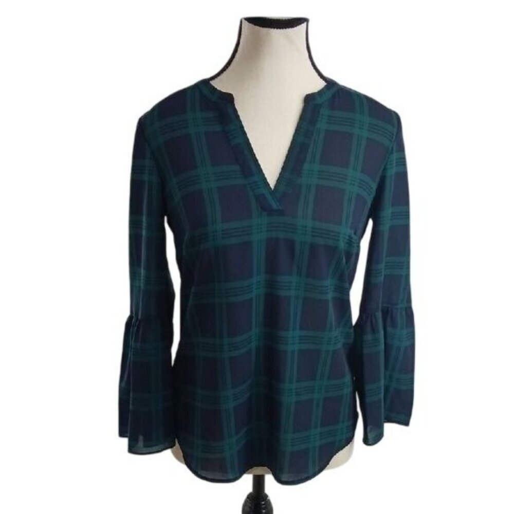 J. Crew Womens Plaid Blouse Blue Green Bell Sleeve V Neck Top XXS